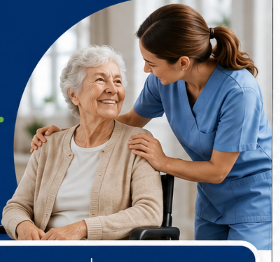 Nurse supporting an older resident in a skilled nursing setting